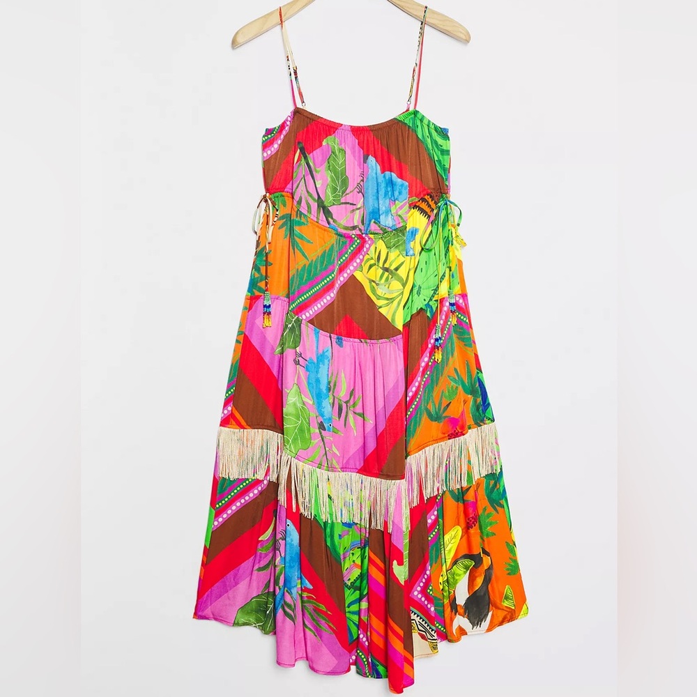 Farm Rio Palila Fringed Midi Dress, size XS, NWT, Tropical print